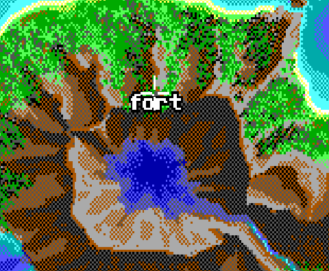 Screenshot of the western side of Monkey Island, showing the location of the volcano fort