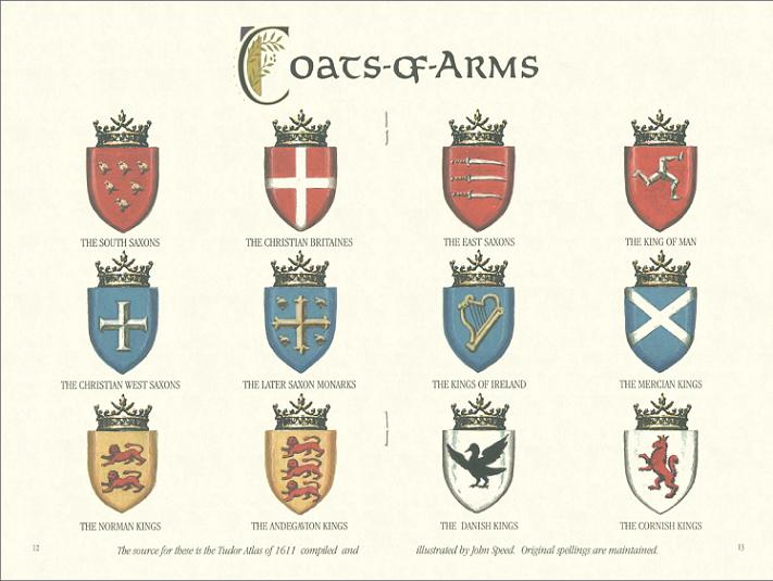 12 shields showing a variety of heraldic devices