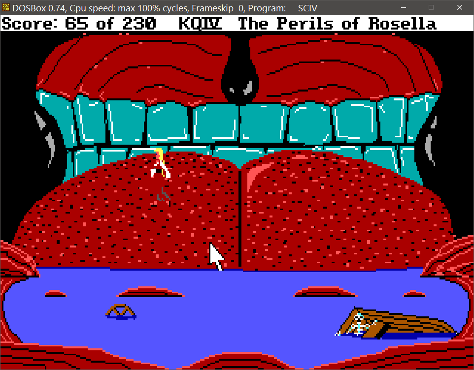 Screenshot of King's Quest 4, showing target position on the whale tongue